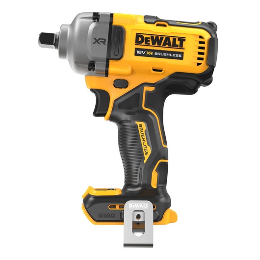 A DEWALT 18V XR Brushless Impact Wrench in yellow and black, shown without battery. The tool features an ergonomic grip and a metal belt clip attached at the base.