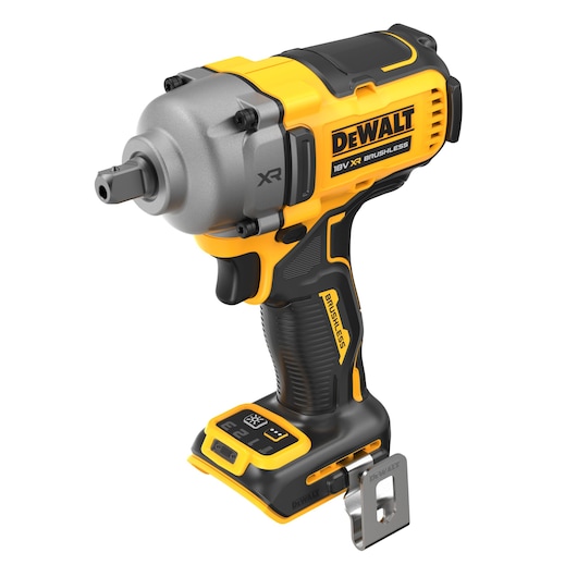 A DEWALT-branded cordless 18V XR brushless impact wrench with a black and yellow design, shown on a white background.