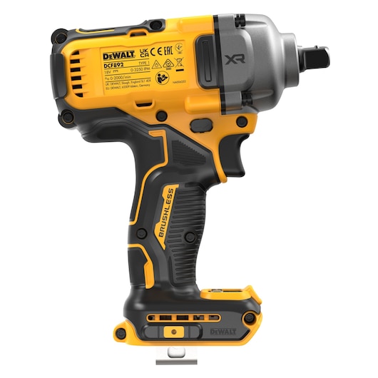 A DEWALT DCF892NT cordless brushless impact wrench shown in closeup, primarily yellow and black, with product labels and specifications visible.