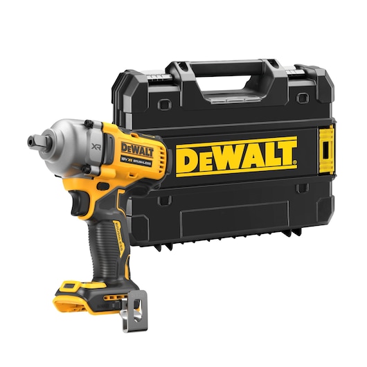 A DEWALT cordless impact wrench with a yellow and black design, shown next to a sturdy black carrying case featuring the DEWALT logo in yellow.