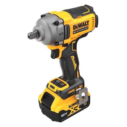 A close-up image of a DEWALT 18V XR brushless cordless impact wrench, featuring a yellow and black design with a lithium-ion battery attached at the base.