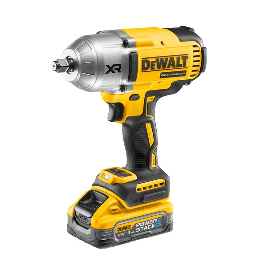 DEWALT 18V XR cordless impact wrench with brushless motor, shown with POWERSTACK battery attached. The tool is yellow and black, featuring ergonomic grip and branded DEWALT logo.