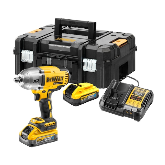 DEWALT cordless impact wrench kit including a yellow and black impact wrench with POWERSTACK batteries, a battery charger, and a sturdy black carrying case with orange and metal latches.