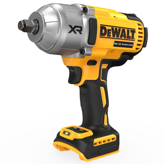A DEWALT 18V XR cordless brushless impact wrench with a yellow and black design, model DCF900NT-XJ. The tool is shown without a battery attached.