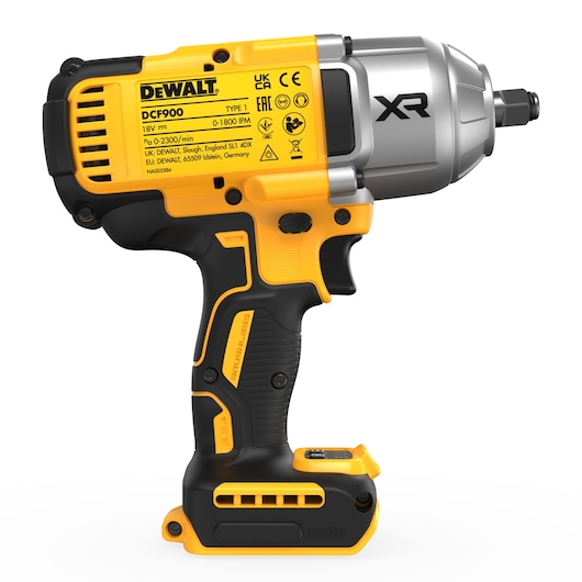 A DEWALT DCF900 cordless impact wrench in yellow and black, shown in a side view. The tool features an ergonomic handle, prominent label with technical details, and an 18V brushless motor. Battery is not attached.