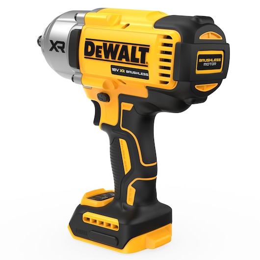 A DEWALT 18V XR Brushless Motor cordless impact wrench, predominantly yellow and black, shown without a battery attached. The tool features ergonomic grip, ventilation slots, and 'XR' marking on the front metal section.