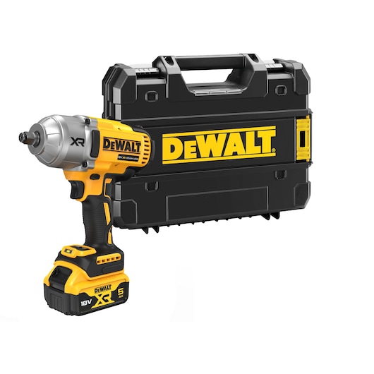 A DEWALT 18V XR cordless impact wrench with a battery, shown in front of a black and yellow DEWALT carrying case.