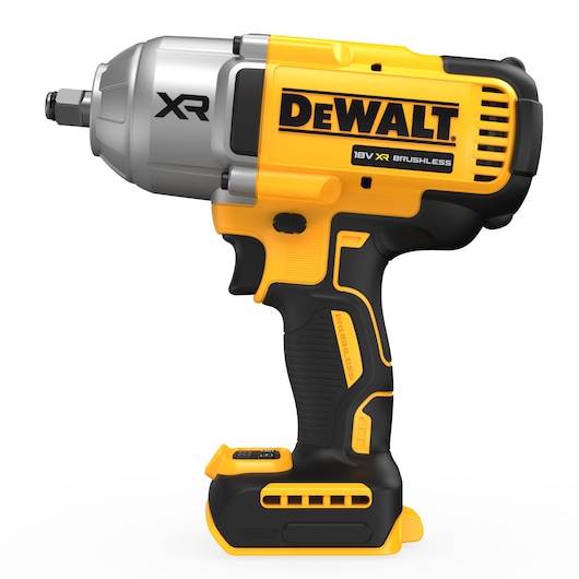 A DEWALT DCF900N 18V XR Brushless impact wrench, shown in yellow and black with a silver metallic head. The tool features ergonomic grip and prominent branding.