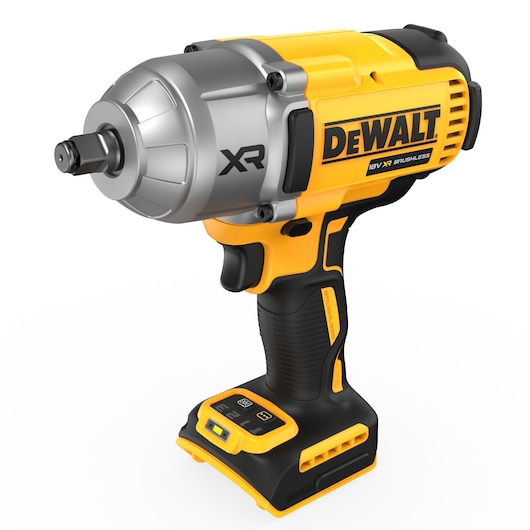 A DEWALT branded cordless impact wrench, model DCF900N, featuring a yellow and black design with a silver metal head and brushless XR motor. The tool has a textured grip and a digital control panel near the battery compartment.