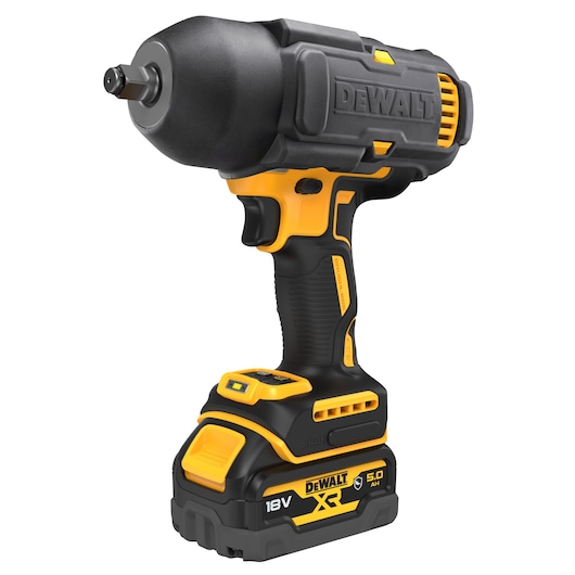 A DEWALT 18V XR cordless impact wrench with a black and yellow design and 5.0 Ah battery.