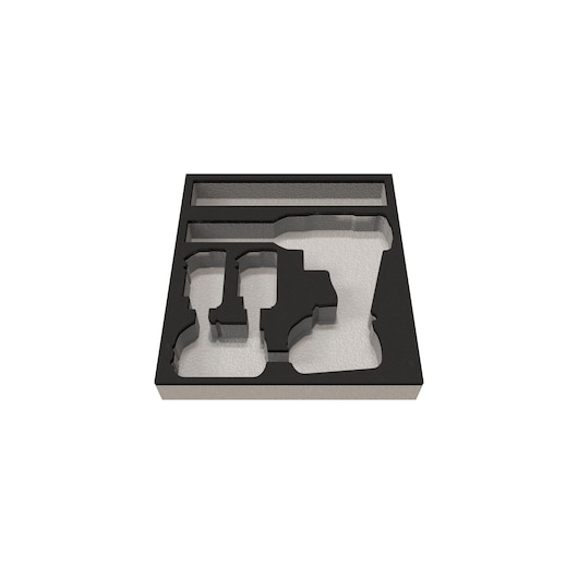 Foam insert with custom cutouts designed to fit tools, including slots for a power tool and accessories, shown from above on a white background.