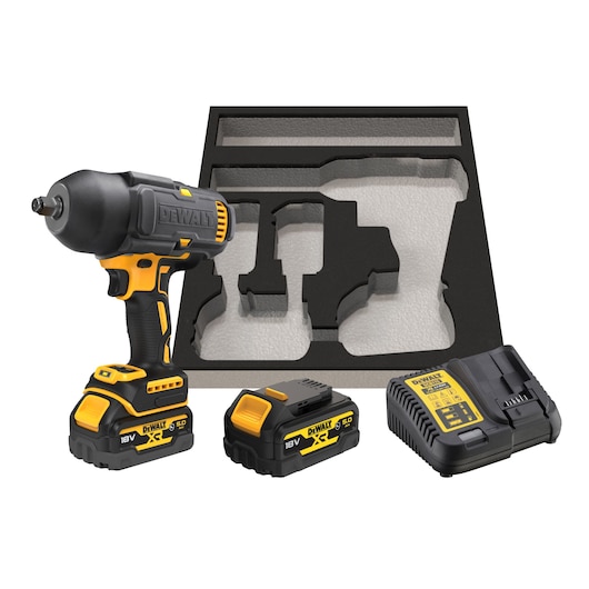 DEWALT cordless impact wrench set including an 18V power tool, two rechargeable batteries, a battery charger, and a custom foam tool organizer.