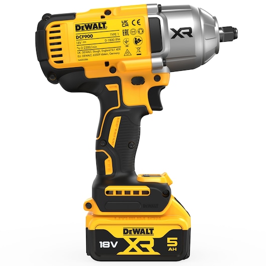A DEWALT DCF900P2T cordless impact wrench, featuring an 18V XR lithium-ion battery with a capacity of 5Ah. The tool is yellow and black with ergonomic grip and labeled specifications on its side.