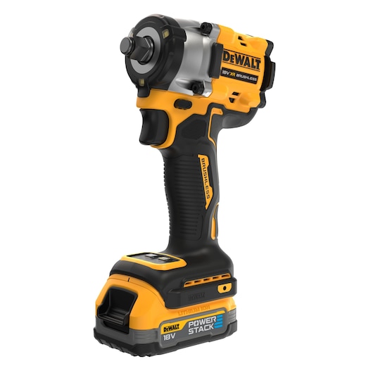 A DEWALT 18V cordless brushless impact wrench with POWERSTACK lithium-ion battery, shown standing upright against a white background.