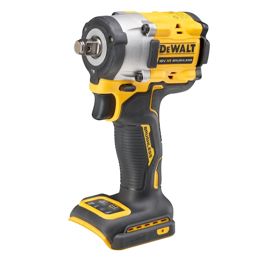 A DEWALT 18V XR brushless cordless impact wrench with a yellow and black design. The tool is shown without a battery attached.