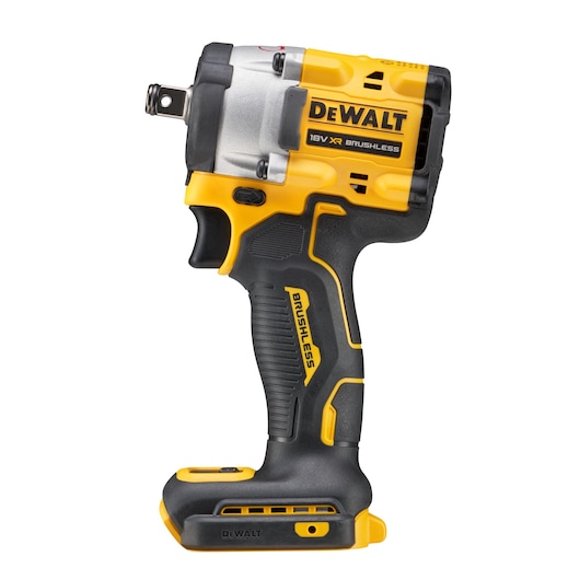 A DEWALT 18V XR brushless cordless impact wrench, shown in yellow and black colors, standing upright on a white background.