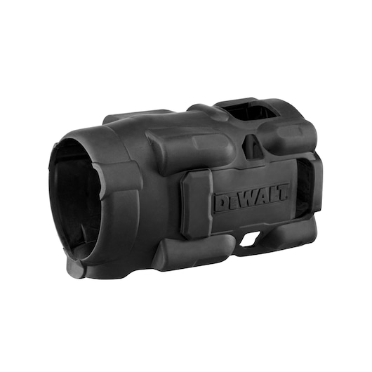 A black rubber protective sleeve with rugged edges and DEWALT branding, designed to fit over power tools for extra grip and protection.