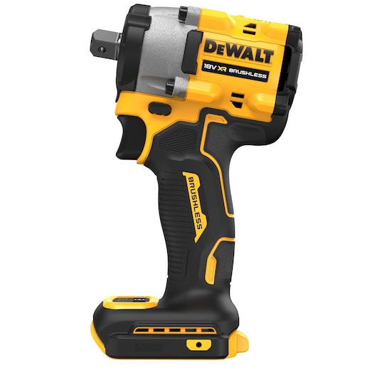 A DEWALT 18V XR Brushless impact wrench, model DCF922N, shown in a side view. The power tool is yellow and black with a compact and ergonomic design, featuring a visible square drive and labeled 'BRUSHLESS'.