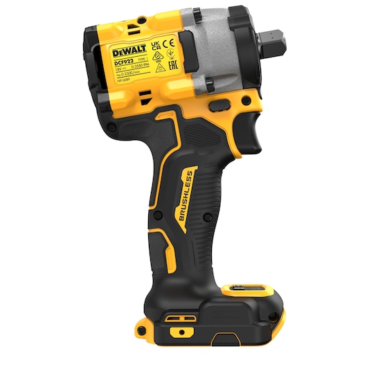 A DEWALT DCF922N cordless impact wrench in yellow and black, shown from the side. The tool features a compact, ergonomic design with a brushless motor and visible product label near the head.