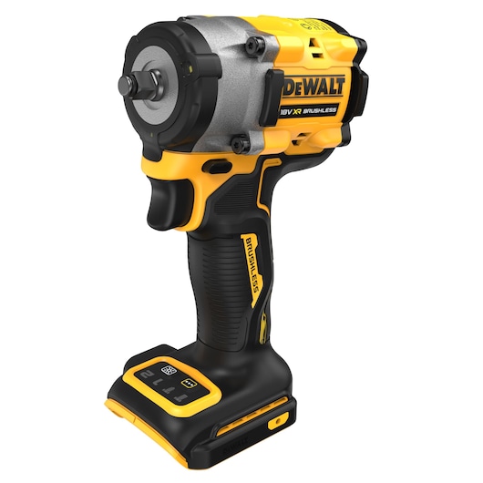 A DEWALT DCF923N 18V XR brushless cordless impact wrench, shown in a close-up on a white background, featuring its yellow and black ergonomic design.