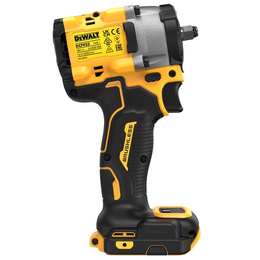 A DEWALT DCF923N cordless impact wrench, shown from the side, featuring a brushless motor and ergonomic black and yellow design.
