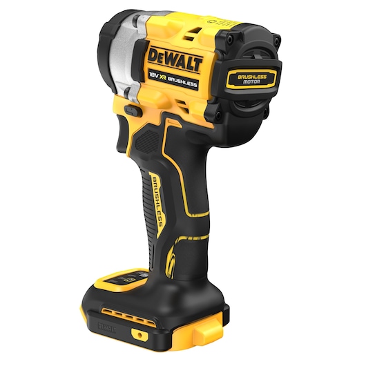 A DEWALT 18V XR Brushless Impact Wrench, featuring a yellow and black ergonomic design with brushless motor technology.
