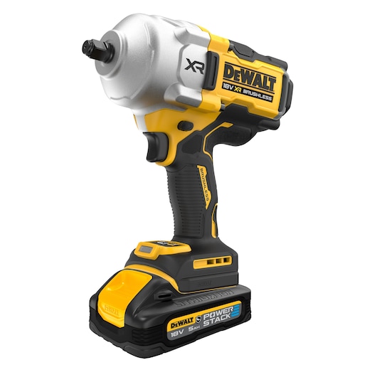 A DEWALT 18V XR Brushless cordless impact wrench with POWERSTACK battery, featuring a yellow and black design and ergonomic grip.