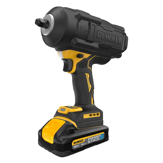 A DEWALT cordless impact wrench with a brushless motor, featuring a 18V 5Ah POWERSTACK battery. The tool is predominantly black and yellow and designed for heavy-duty applications.