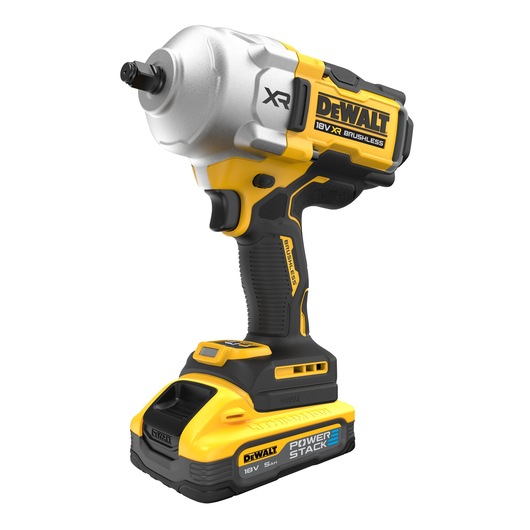 A DEWALT 18V XR brushless cordless impact wrench with PowerStack battery. The tool is yellow and black with a compact design and ergonomic handle.