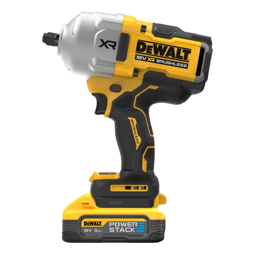 DEWALT 18V XR Brushless impact wrench with POWERSTACK 5Ah battery, shown in a side profile. The tool features a yellow and black design, ergonomic grip, and visible DEWALT branding.