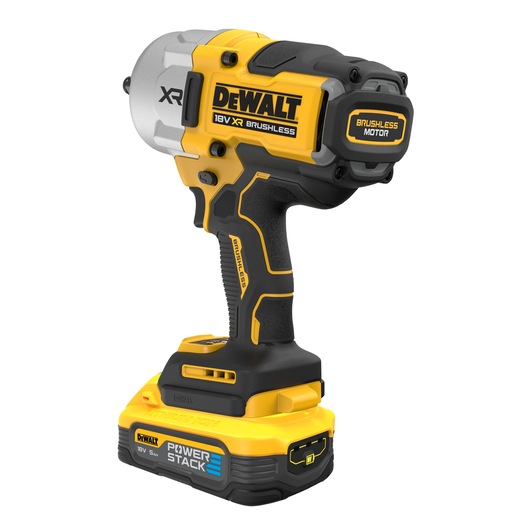 A DEWALT 18V XR brushless cordless impact wrench with a yellow and black design, featuring a POWERSTACK battery attached at the base.