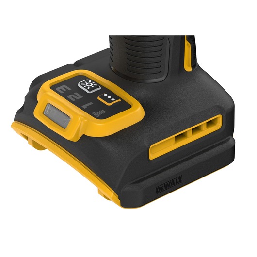 Close-up of the base of a DEWALT power tool, showing the black and yellow design, a control panel with buttons for settings and an LED indicator, and the DEWALT logo.