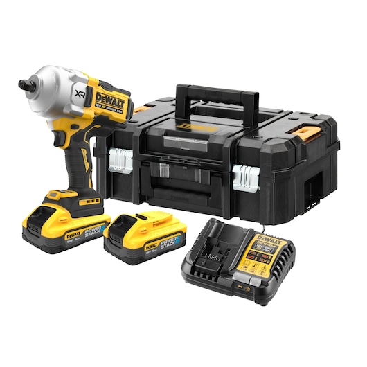 A DEWALT cordless impact wrench kit is shown, including a yellow and black impact wrench, two battery packs, a charging dock, and a sturdy black carrying case with handle.