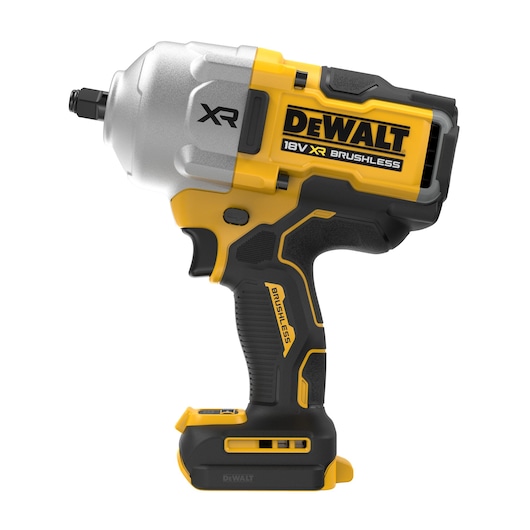 A DEWALT 18V XR Brushless cordless impact wrench tool, shown in yellow and black with a silver metallic front.