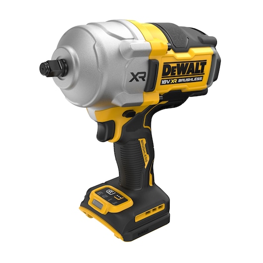 A DEWALT 18V XR Brushless cordless impact wrench tool with a yellow and black design, shown from a front-side angle. The tool features a thick metal head, ergonomic grip, and visible branding on the side.