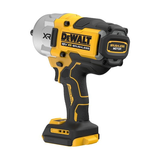 A DEWALT 18V XR brushless cordless impact wrench, featuring a black and yellow design with ergonomic grip and visible 'Brushless Motor' label.