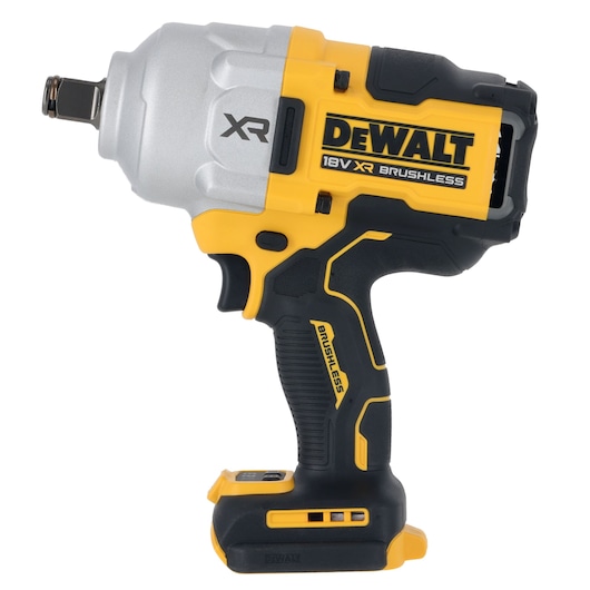 A DEWALT cordless impact wrench, 18V XR Brushless model, shown in yellow and black with a gray metal head, viewed from the side.