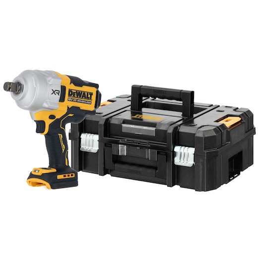 A DEWALT 18V XR brushless impact wrench tool placed next to a black DEWALT toolbox with metal latches and a top handle, photographed on a white background.