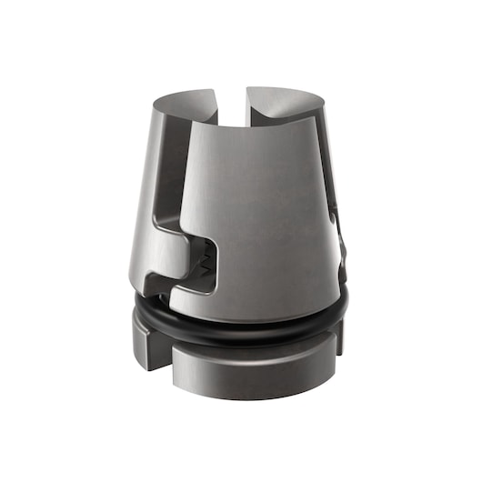 A close-up image of a DEWALT metal tool accessory, specifically a conical, machined metal component with a split top and an O-ring around its base, isolated on a white background.
