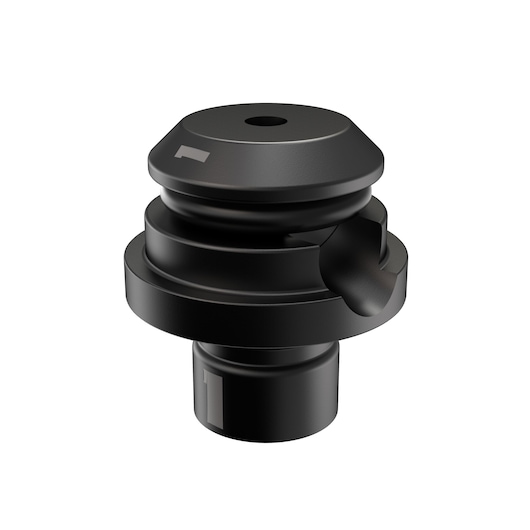 A close-up view of a black, cylindrical DEWALT camera accessory part with a grooved design and a hole in the center, set against a white background.