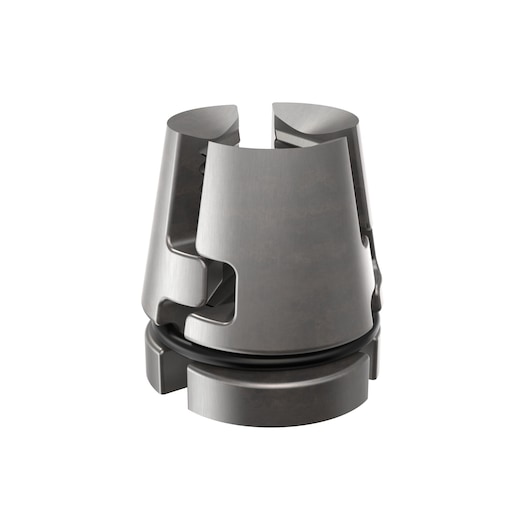 A close-up image of a metal tool part, specifically a precision-machined metallic collet with split sides and O-ring, used for securely holding tool bits or accessories.