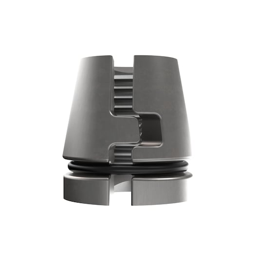 Close-up of a DEWALT metallic mechanical component with grooves and an O-ring, photographed on a white background.