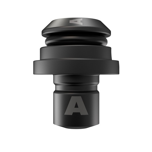 A close-up image of a black DEWALT adapter with a cylindrical shape and engraved letter 'A' on the top and lower part, used in photography equipment.