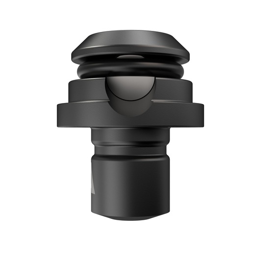 Front view of a black, cylindrical DEWALT camera accessory or connector with metallic finish, featuring grooves and a round central section, photographed on a white background.