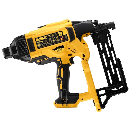 A yellow and black Dewalt DCFS950N 9 GA fencing stapler tool, shown from the side against a white background.
