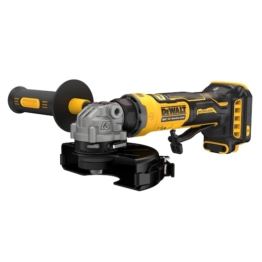 A DEWALT cordless brushless angle grinder with a side handle, shown in yellow and black color. The model number is DCG404NT and it is designed for professional use.