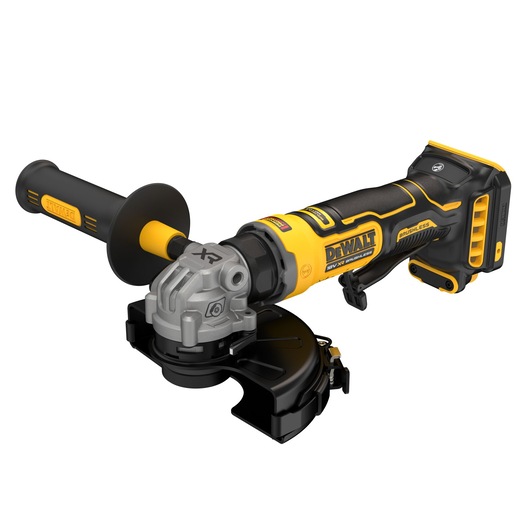 A DEWALT cordless angle grinder with a brushless motor, featuring a black and yellow design with a side handle and protective guard, suitable for cutting and grinding tasks.
