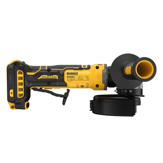 DEWALT DCG404NT cordless brushless angle grinder in yellow and black, shown in a side profile view with a protective guard and side handle.