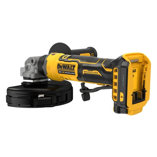 A DEWALT cordless brushless angle grinder with a yellow and black body, shown without a battery attached. The tool has a protective guard around the grinding disc and a side handle for better grip.