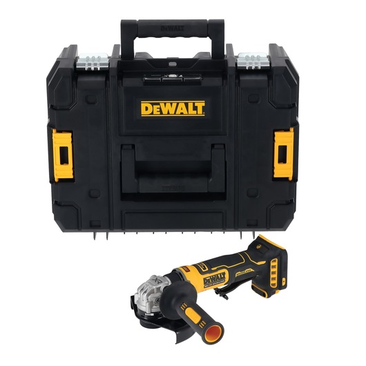 A DEWALT cordless angle grinder tool placed in front of a black and yellow DEWALT hard carrying case.